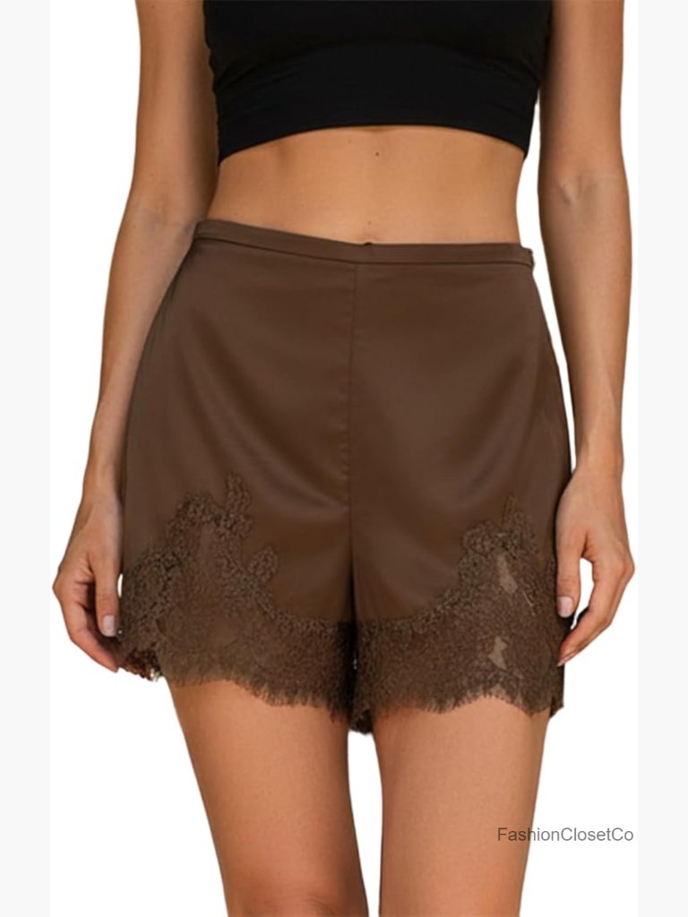 Lace Trim Satin Elastic Waist High Rise Shorts Summer